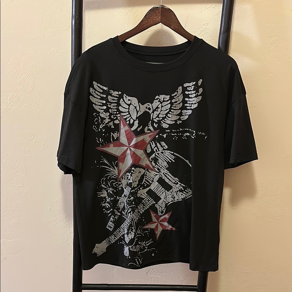 Black Graphic Tee with Red Star Design